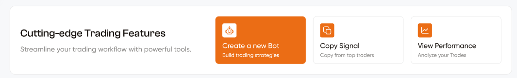 Quick-action trading feature cards
