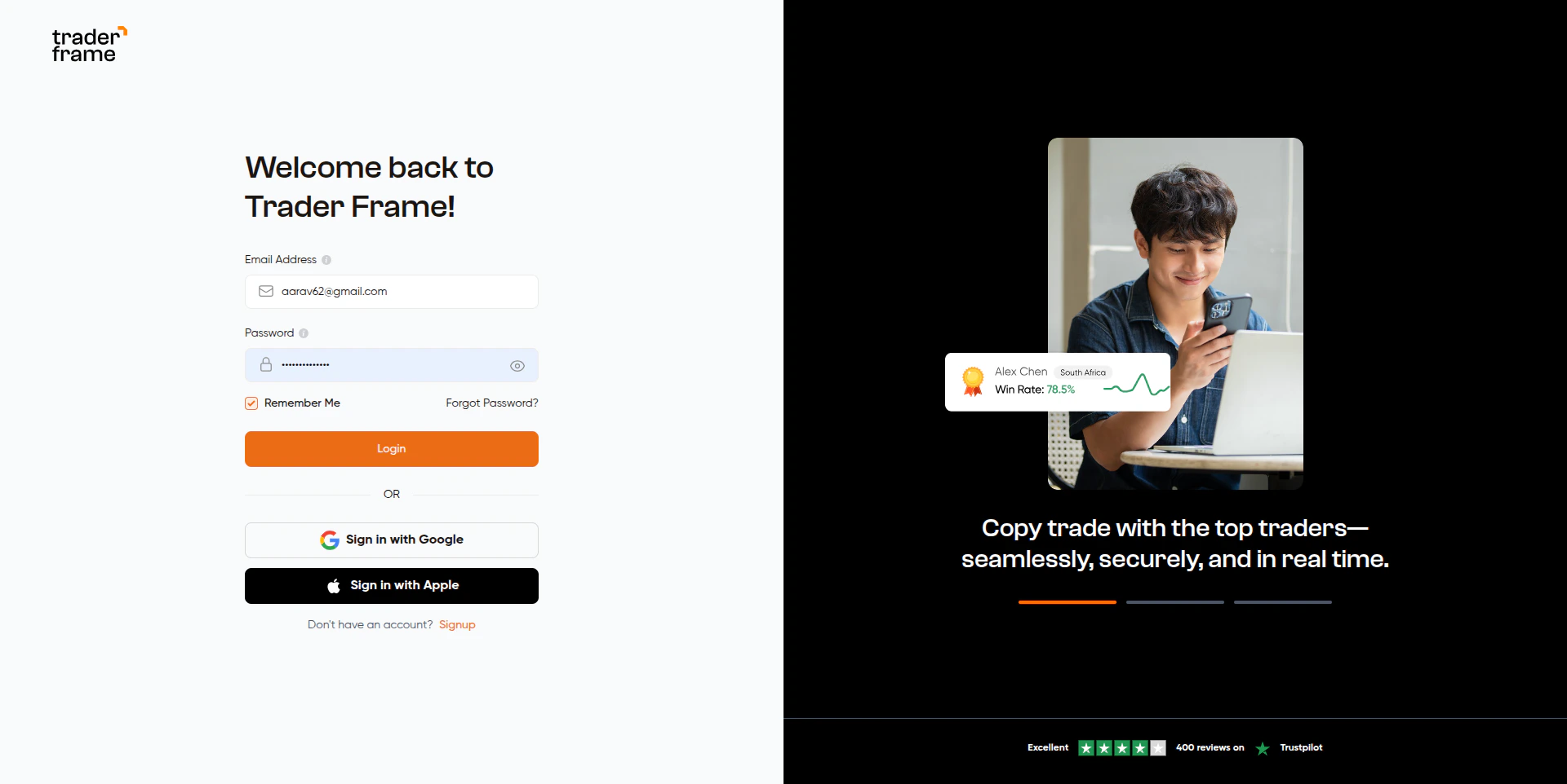 TraderFrame Login Page