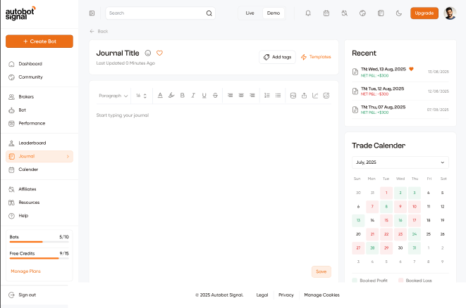 Daily journal editor — rich text toolbar and entry