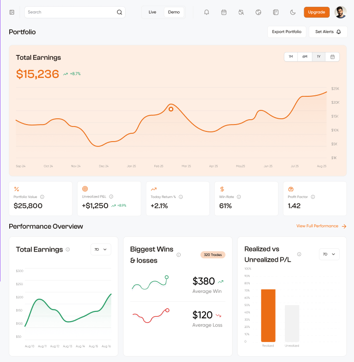 Portfolio page — total earnings chart, stats cards, and Performance Overview