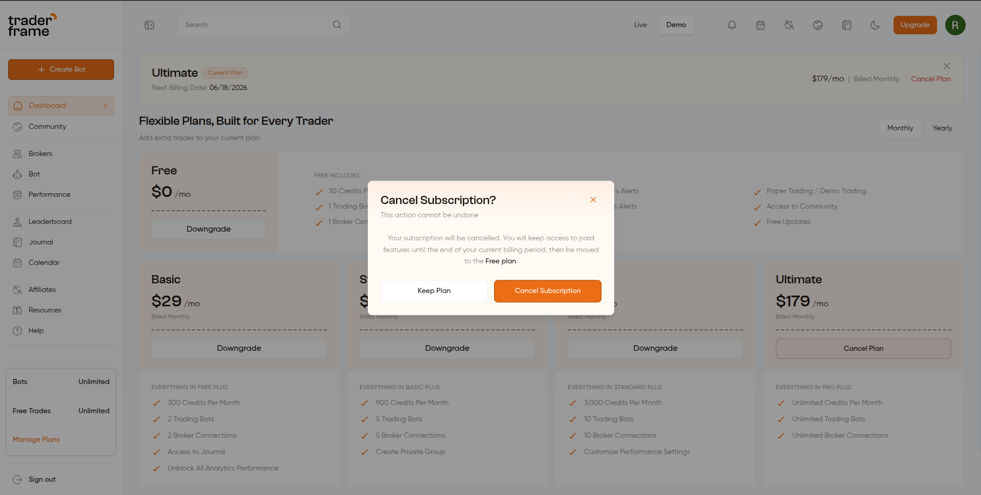 Cancel Subscription modal — confirmation with Keep Plan and Cancel Subscription buttons