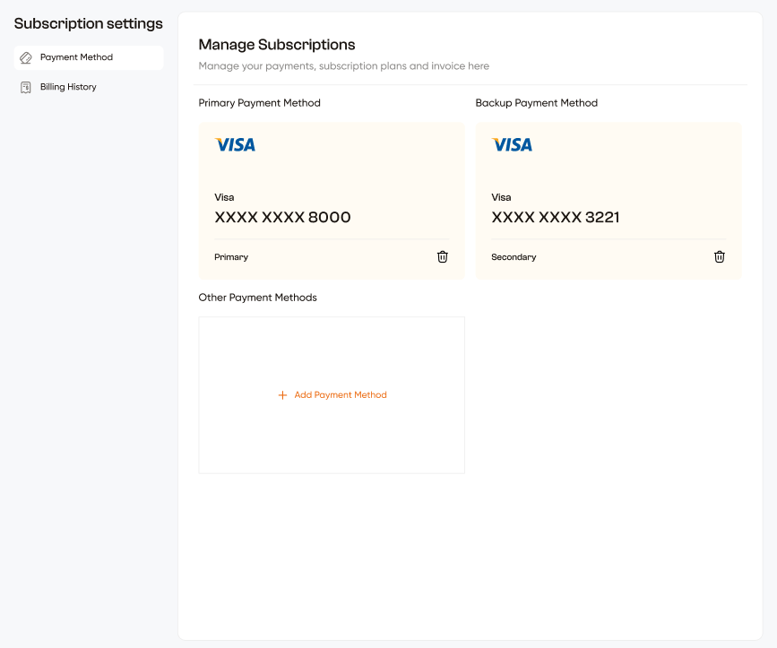 Manage Subscriptions — Payment Method tab with Primary and Backup Visa cards