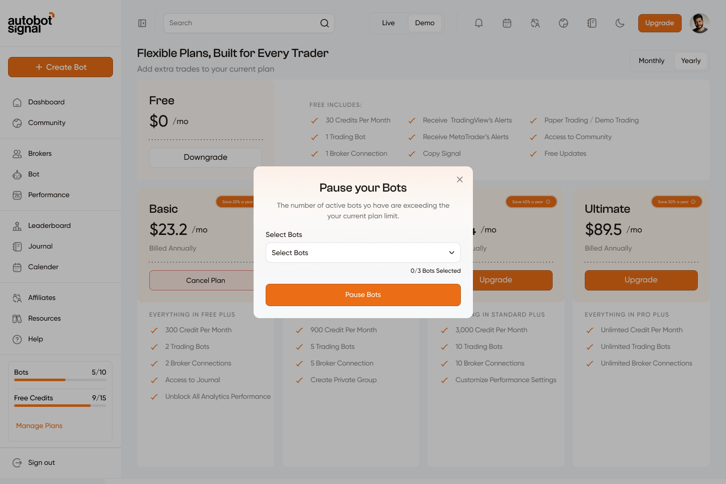 Pause your Bots modal — select bots to pause before downgrading