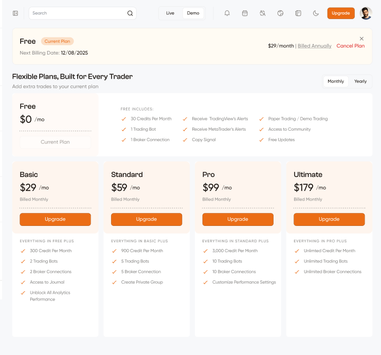 Pricing page — current plan banner and all plan cards with features