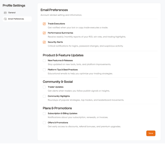 Profile Settings — Email Preferences tab with notification categories and checkboxes