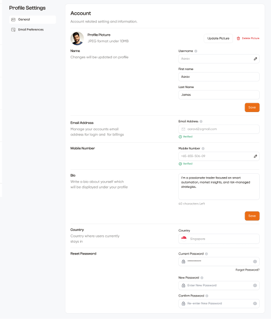 Profile Settings — General tab with account fields, bio, country, and reset password
