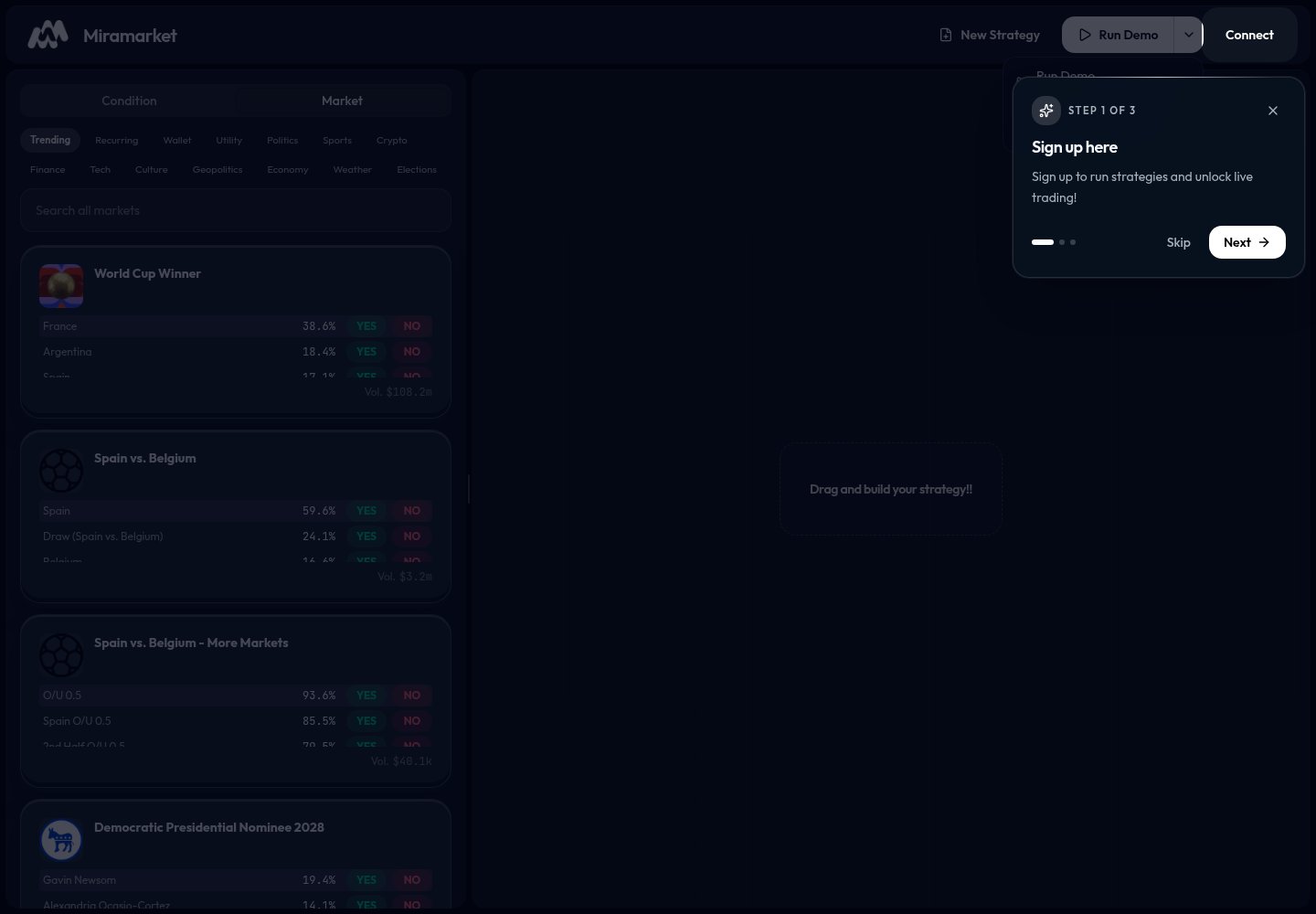 Run menu with Run Demo and Run Live shown
