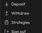 Account menu with Deposit, Withdraw, Strategies, and Sign out shown