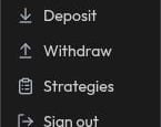 Account menu with Deposit, Withdraw, Strategies, and Sign out shown