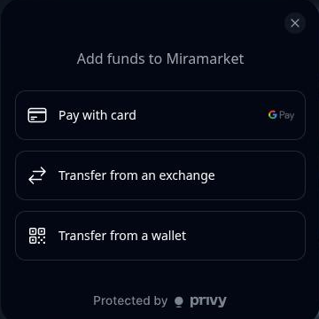 Add funds dialog with Pay with card, Transfer from an exchange, and Transfer from a wallet shown