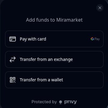 Add funds dialog with Pay with card, Transfer from an exchange, and Transfer from a wallet shown
