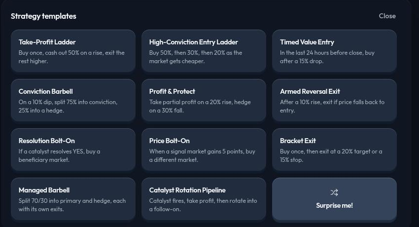 Strategy templates list with eleven named templates and a Surprise me option shown