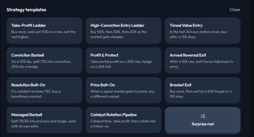 Strategy templates list with eleven named templates and a Surprise me option shown