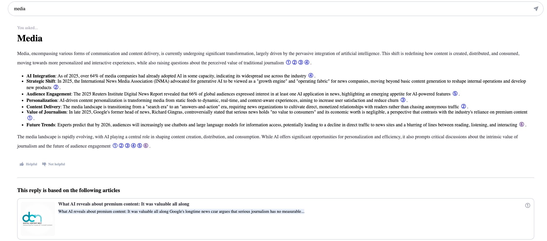 Ask module β AI-generated answer for the query "media"