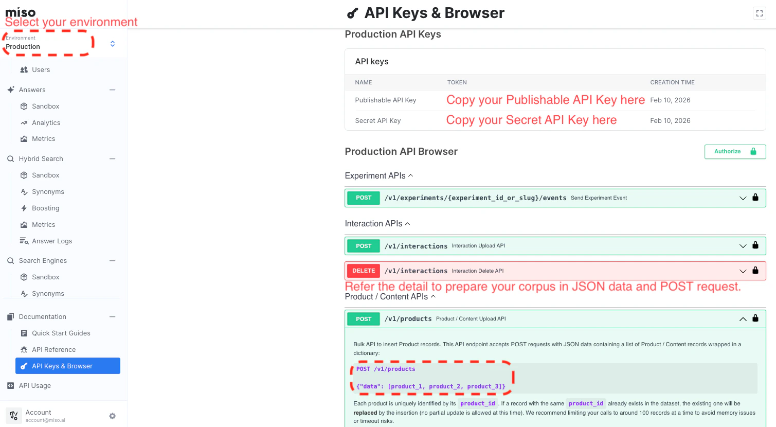Miso Dashboard β select your environment and copy your API keys