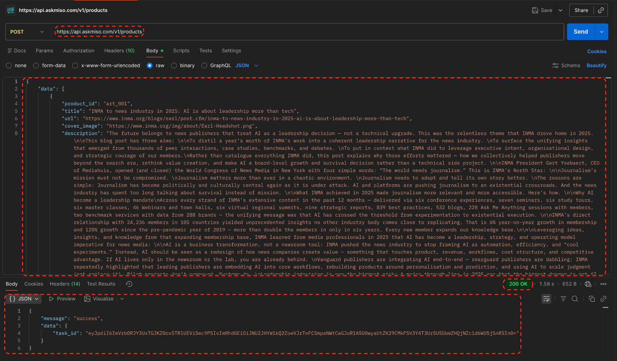 Postman β request body with JSON data and 200 OK response