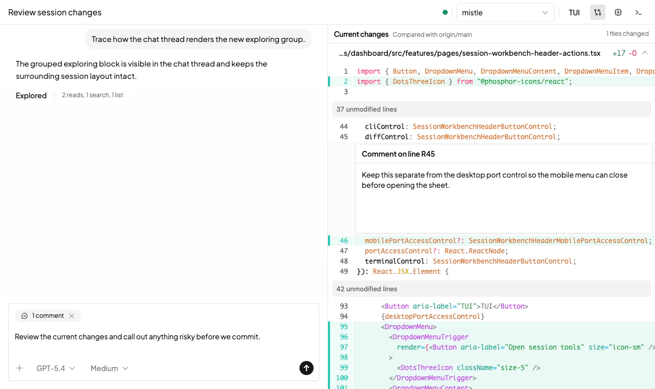 Session workbench showing current code changes beside the session conversation