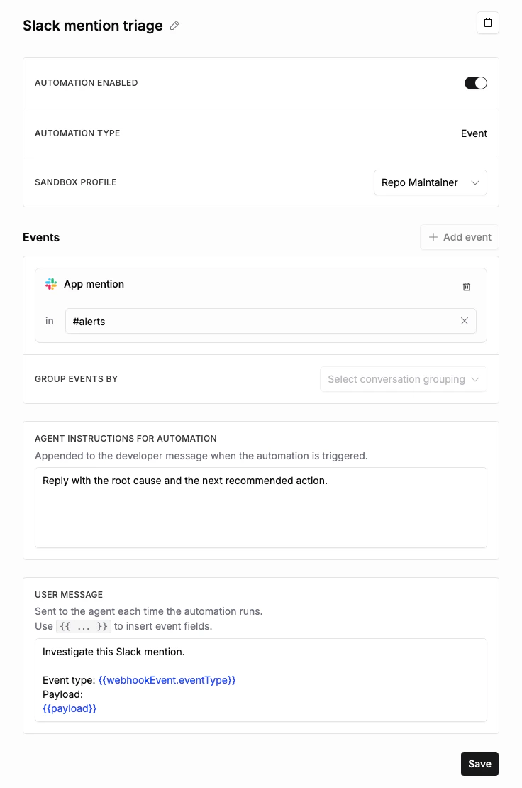 Event-triggered automation form with Slack app mention trigger, sandbox profile, repository, and instructions