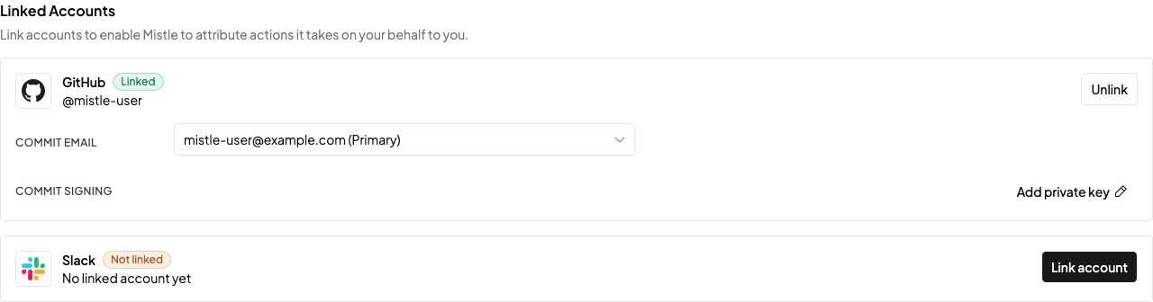 Profile linked accounts settings showing GitHub and Slack linked-account cards