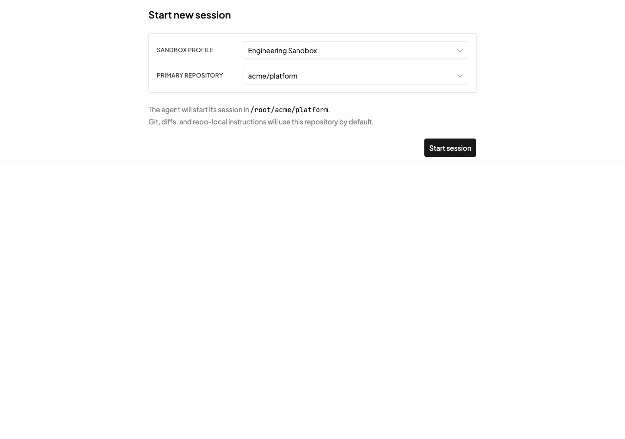 New session page with sandbox profile, repository selection, and Start session action