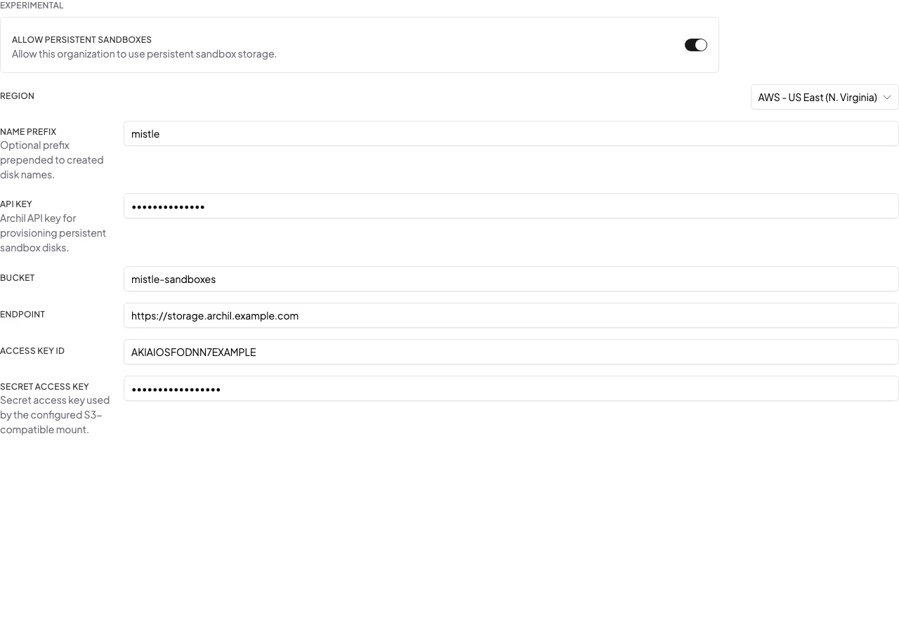 Organization sandbox storage settings with Allow persistent sandboxes enabled and storage configuration fields