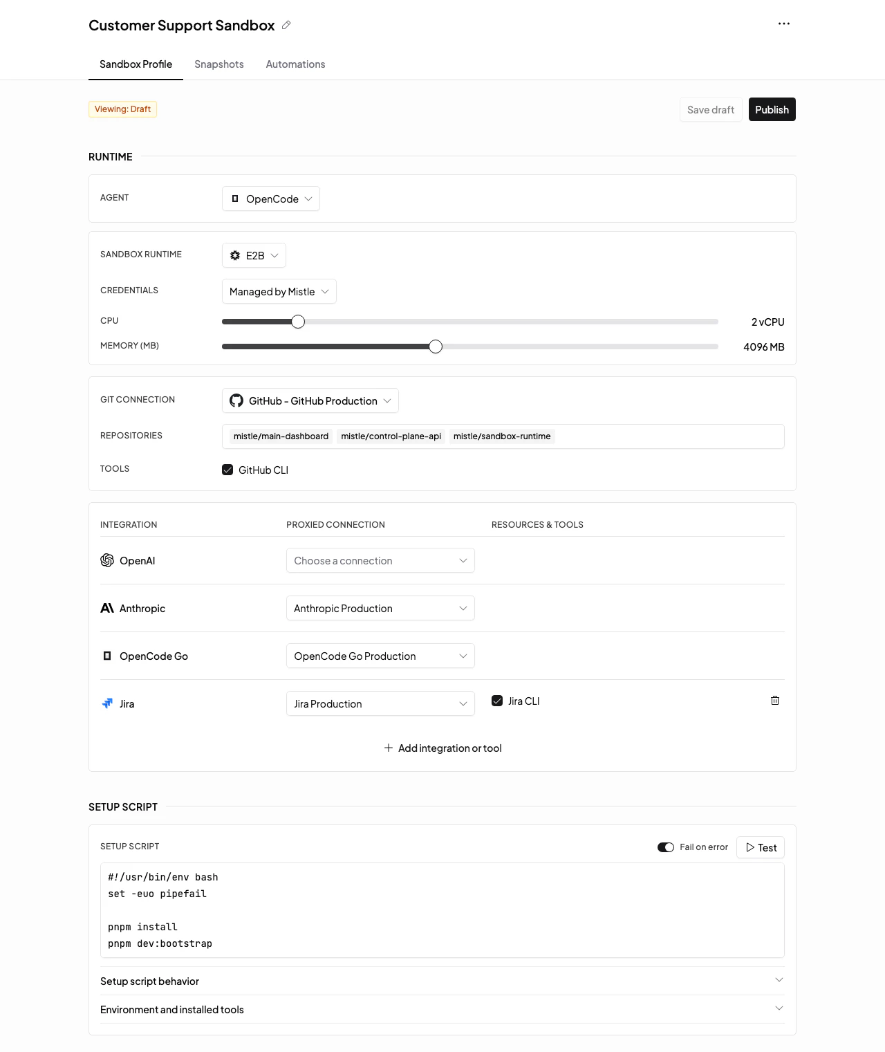 Sandbox profile draft editor showing integration bindings and setup script configuration