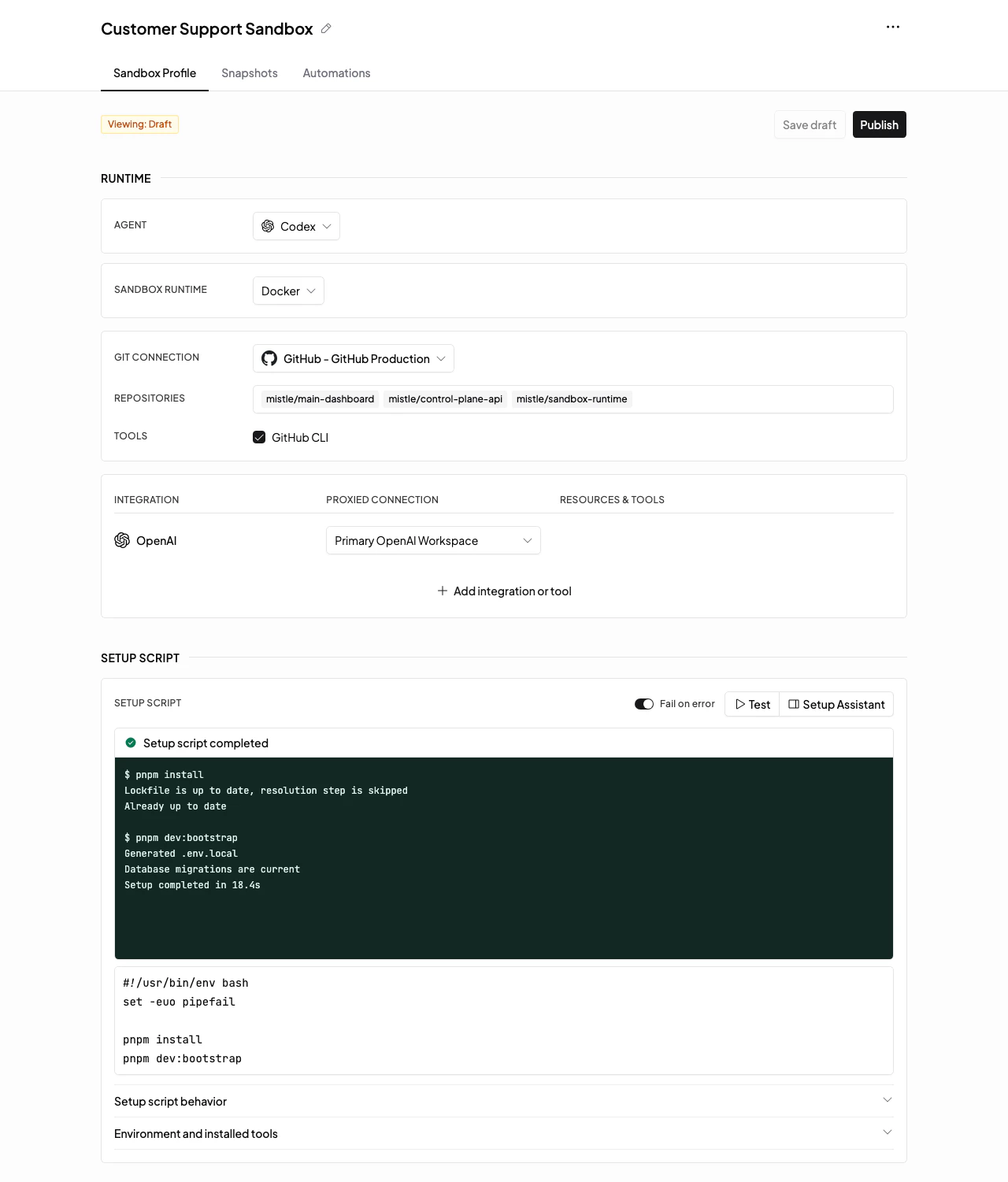 Sandbox profile setup script editor with setup script behavior, Test control, and setup test output