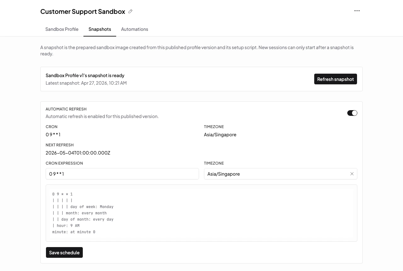 Published sandbox profile snapshot panel showing a ready snapshot and refresh schedule