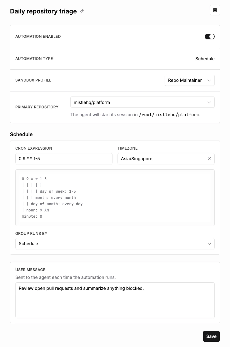 Scheduled automation form with cron schedule, timezone, sandbox profile, repository, and saved instructions