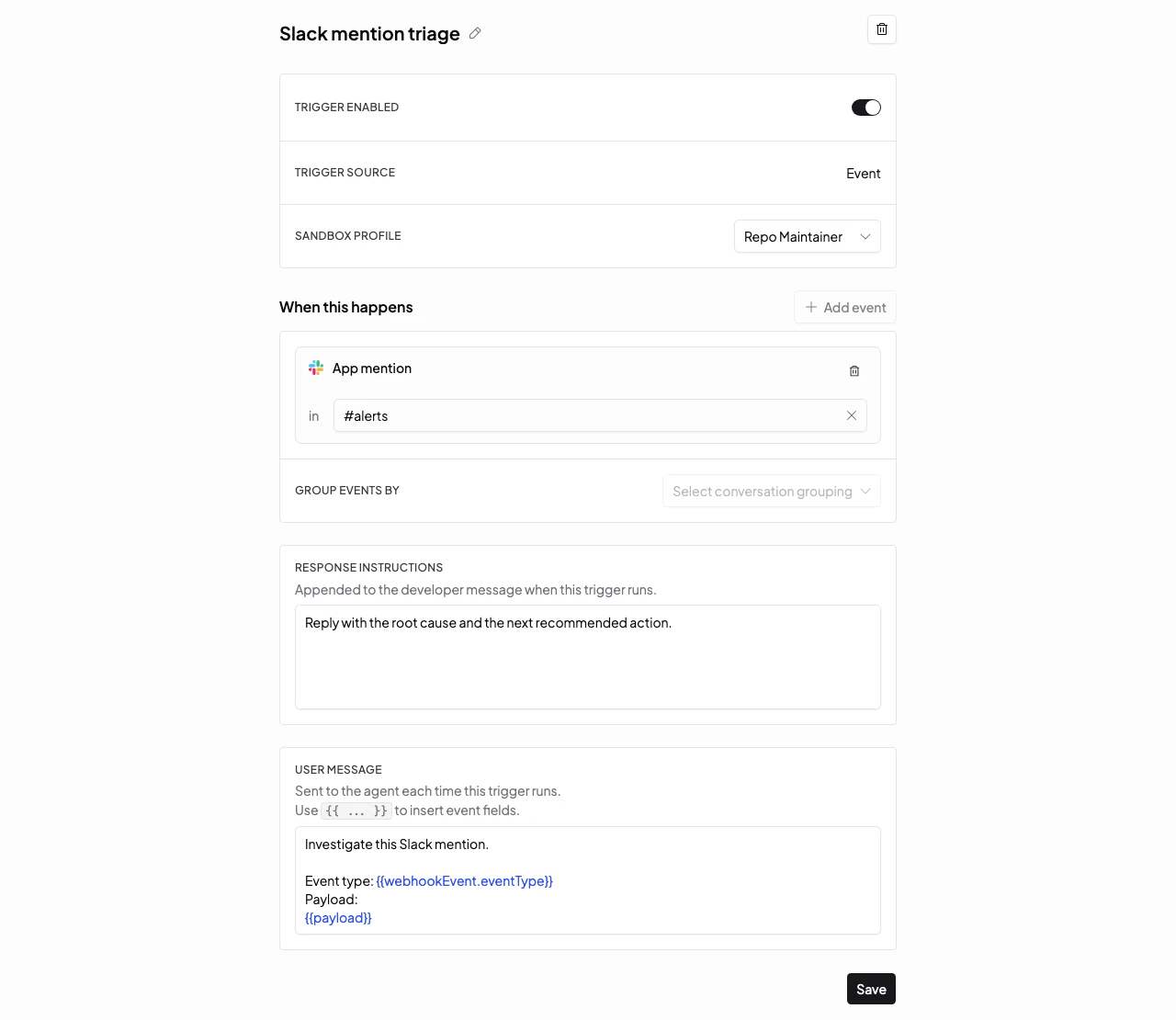 Event trigger form with Slack app mention source, sandbox profile, repository, and instructions