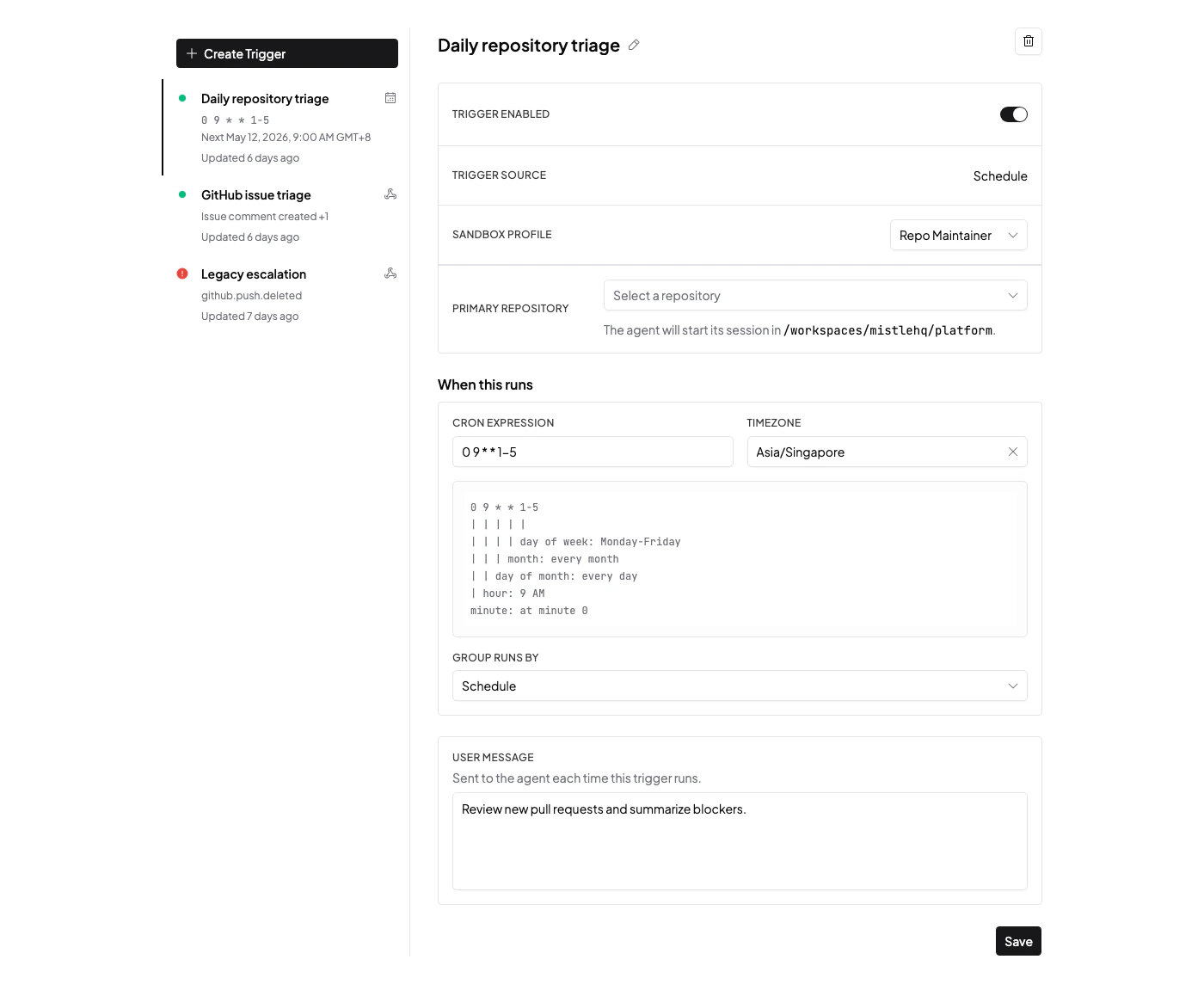 Sandbox profile Triggers tab with a list of triggers and an inline trigger editor