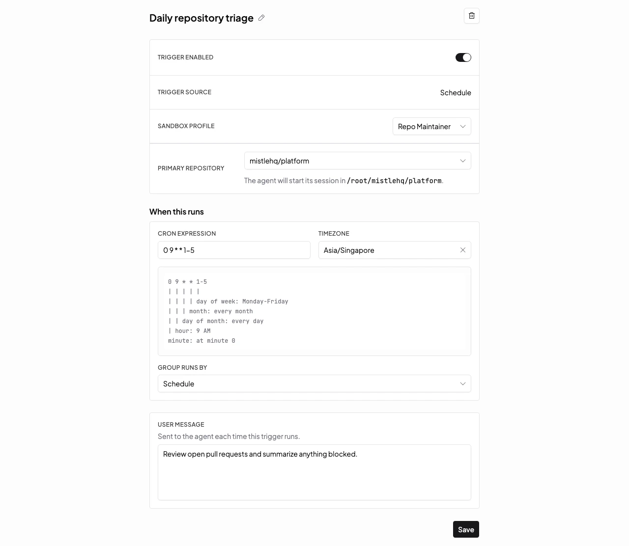 Scheduled trigger form with cron schedule, timezone, sandbox profile, repository, and saved instructions