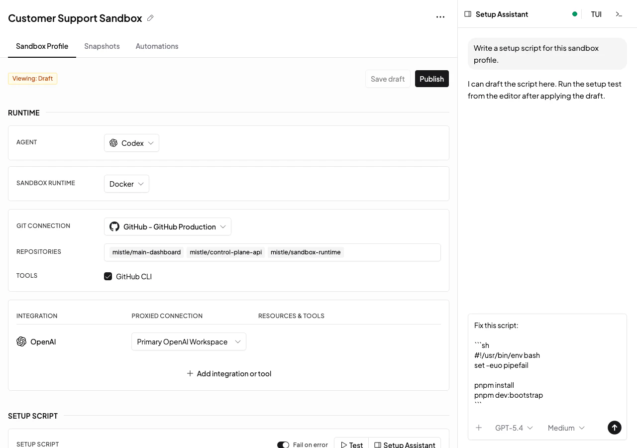 Sandbox profile setup script editor with the Setup Assistant panel open