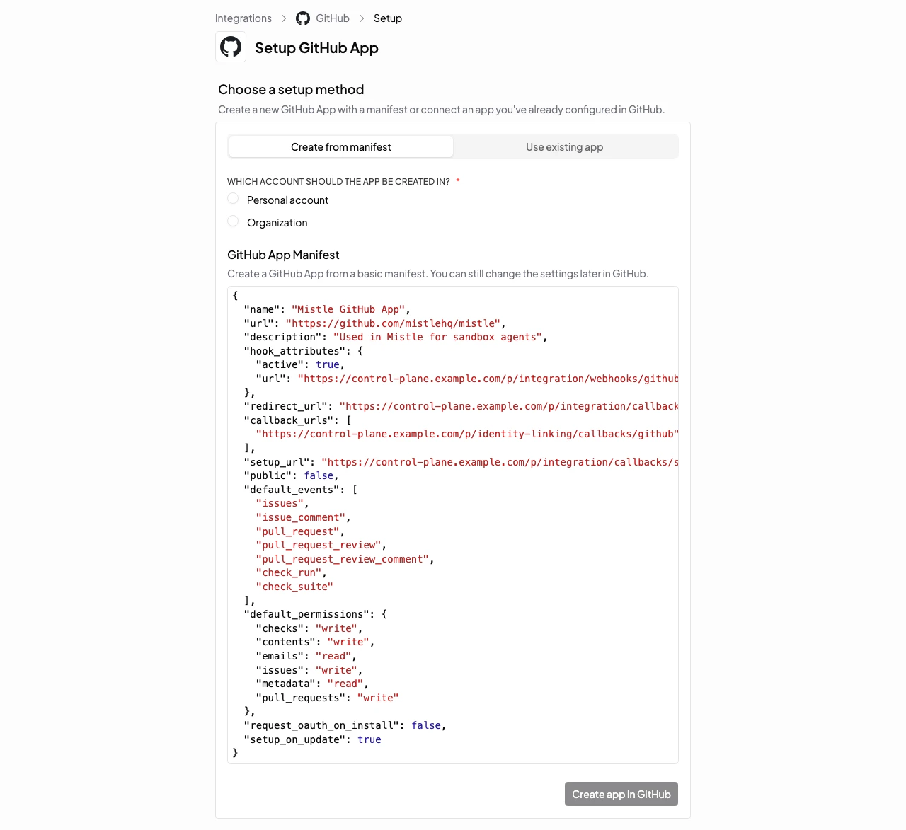 Mistle GitHub App setup page with Create from manifest selected and an editable GitHub App manifest