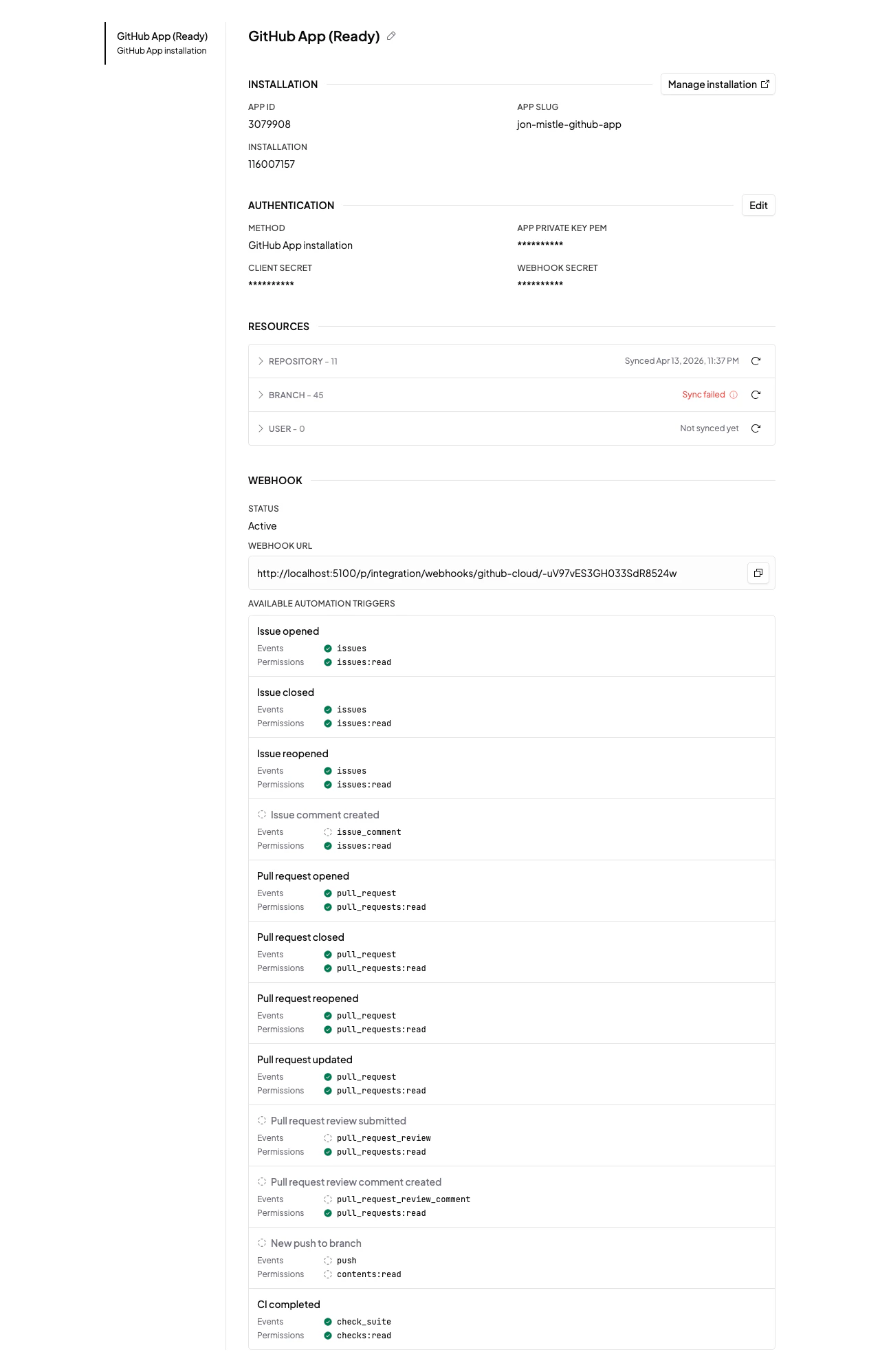 GitHub App connection detail page showing installation, authentication, synced resources, and webhook URL