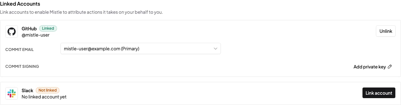 Profile linked accounts settings showing GitHub and Slack linked-account cards