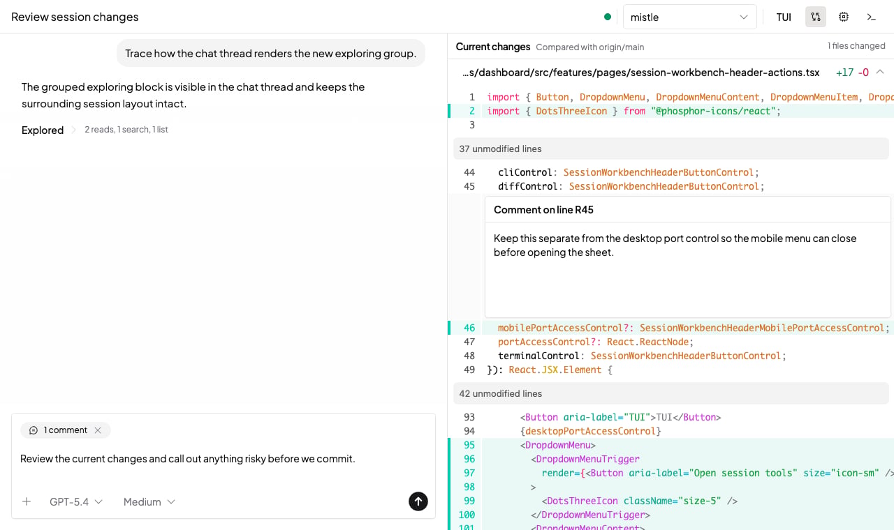 Session workbench showing current code changes beside the session conversation