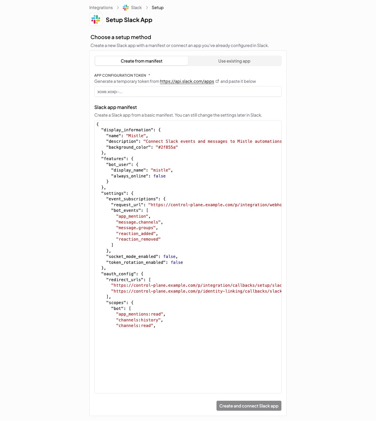 Mistle Slack App setup page with Create from manifest selected, token input, and editable Slack app manifest