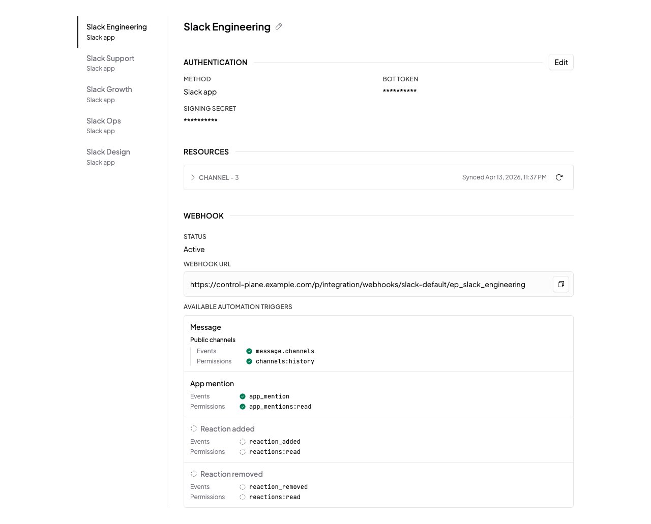 Slack app connection detail page showing authentication, synced channel resources, and webhook callback URL