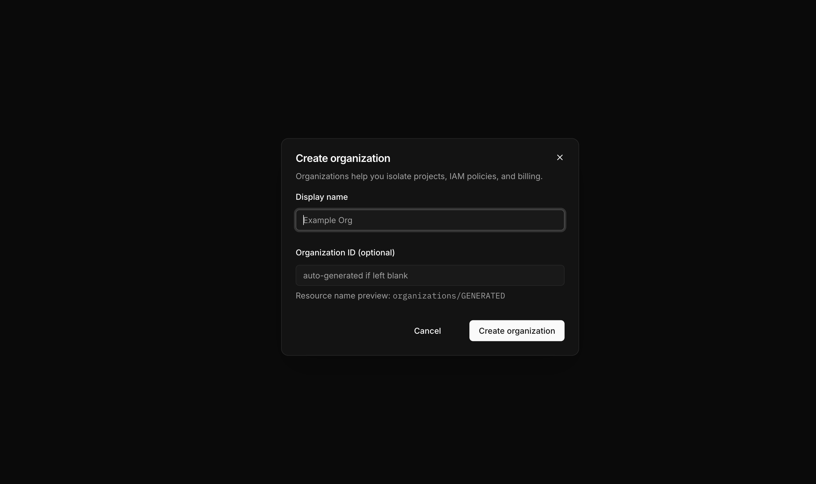 Mistrive Create Organization form in dark mode