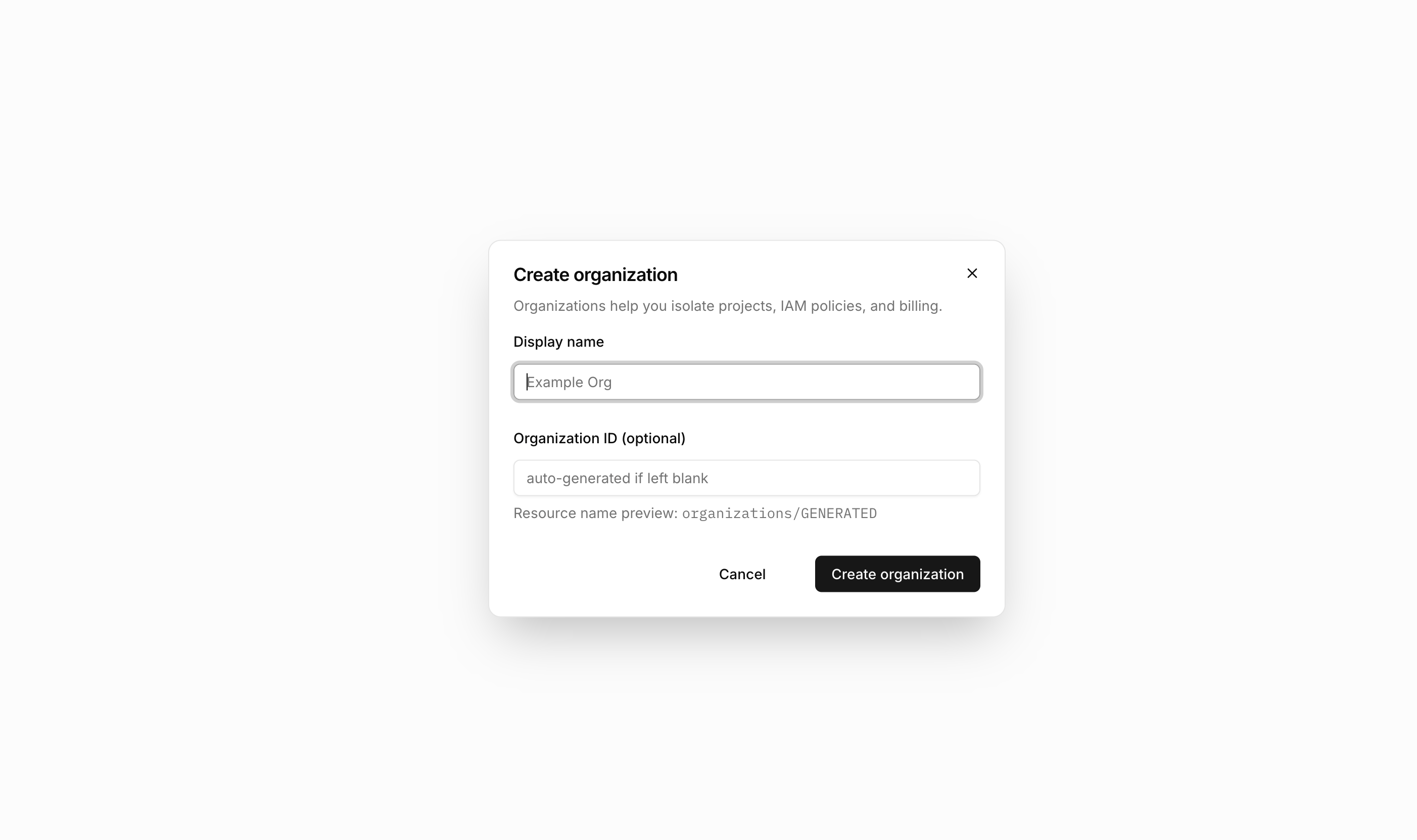 Mistrive Create Organization form in light mode