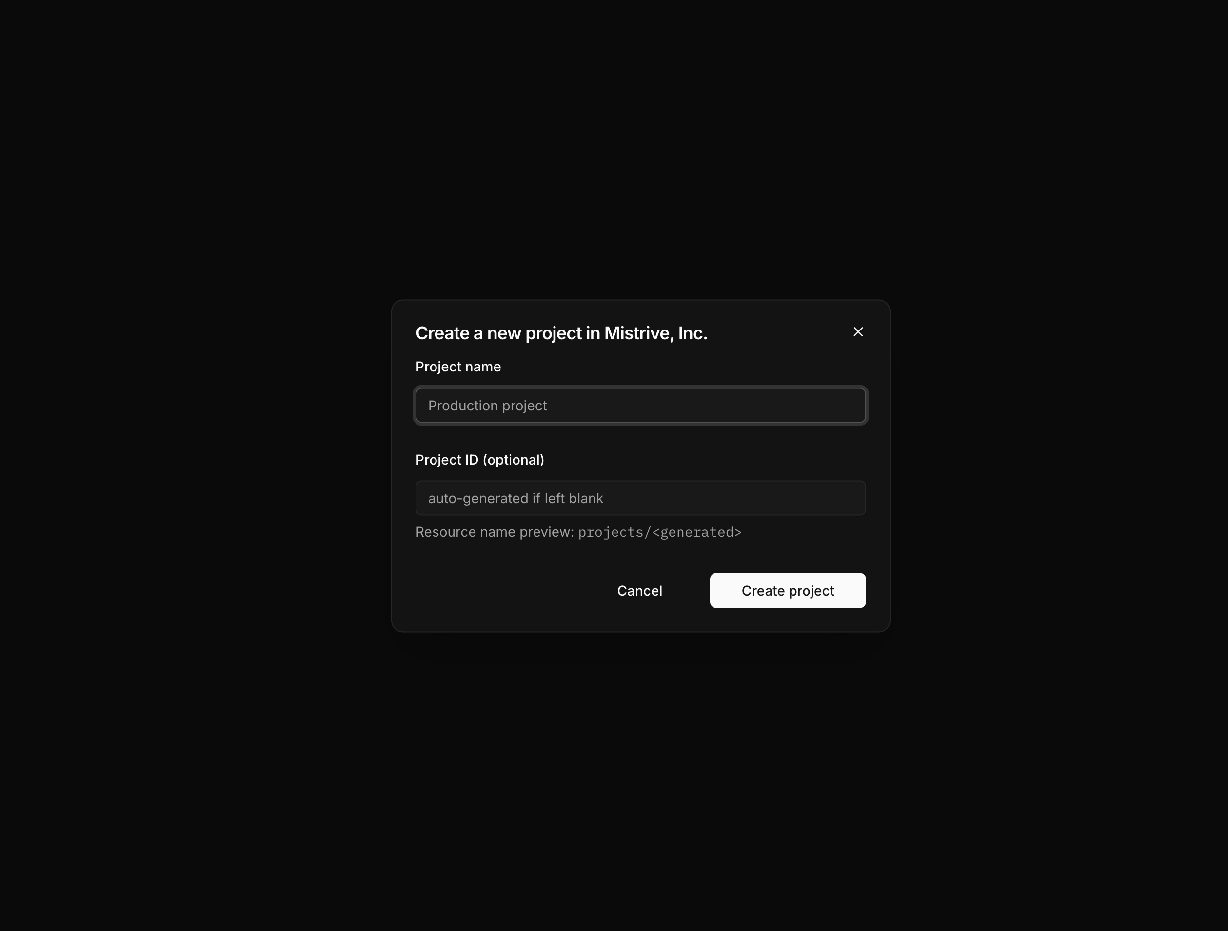 Mistrive Create Project form in dark mode