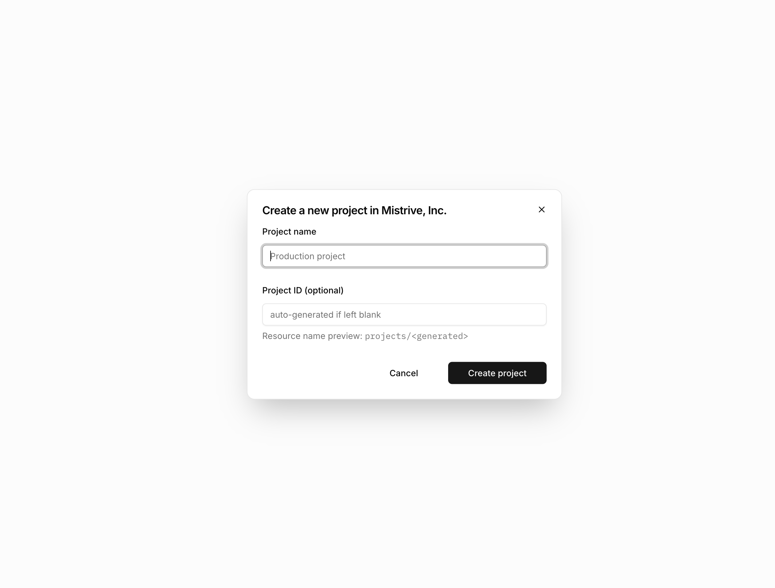 Mistrive Create Project form in light mode