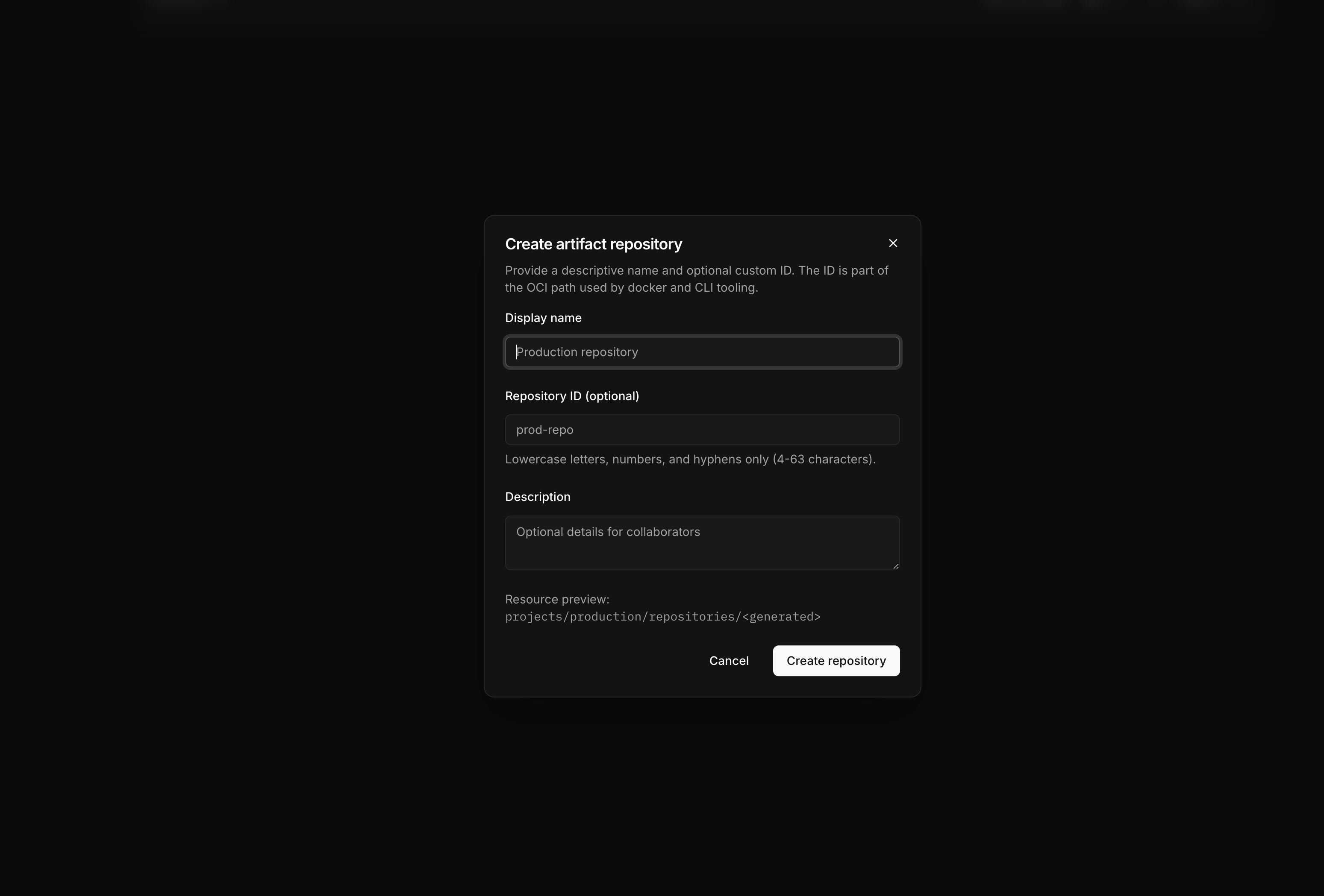 Mistrive Create Repository form in dark mode