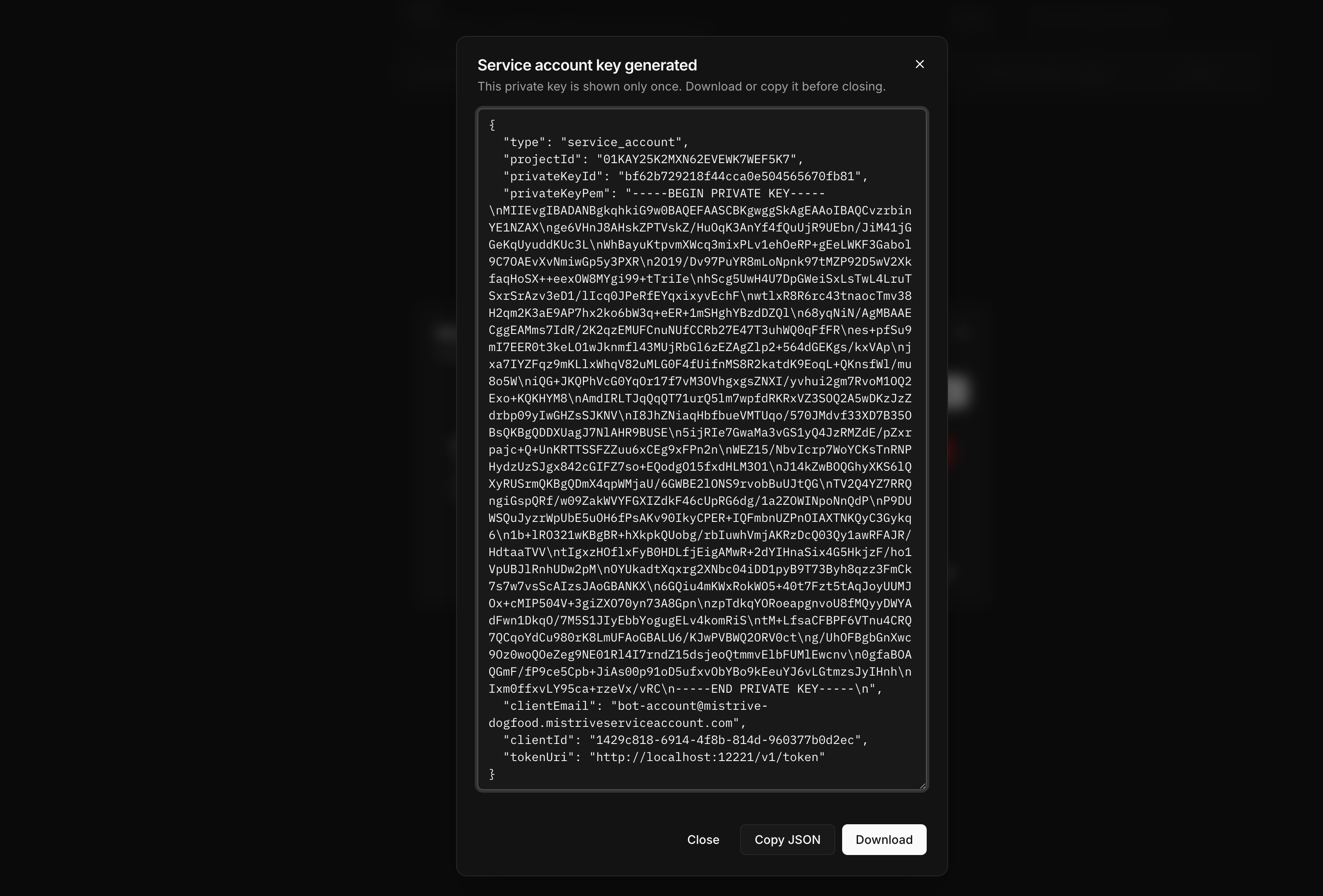 Mistrive Download Service Account Key in dark mode