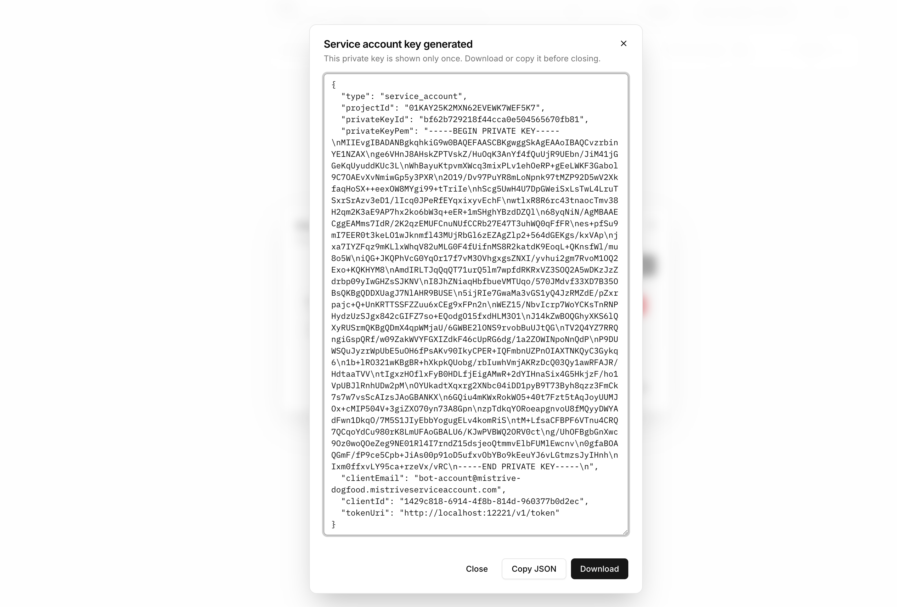 Mistrive Download Service Account Key in light mode