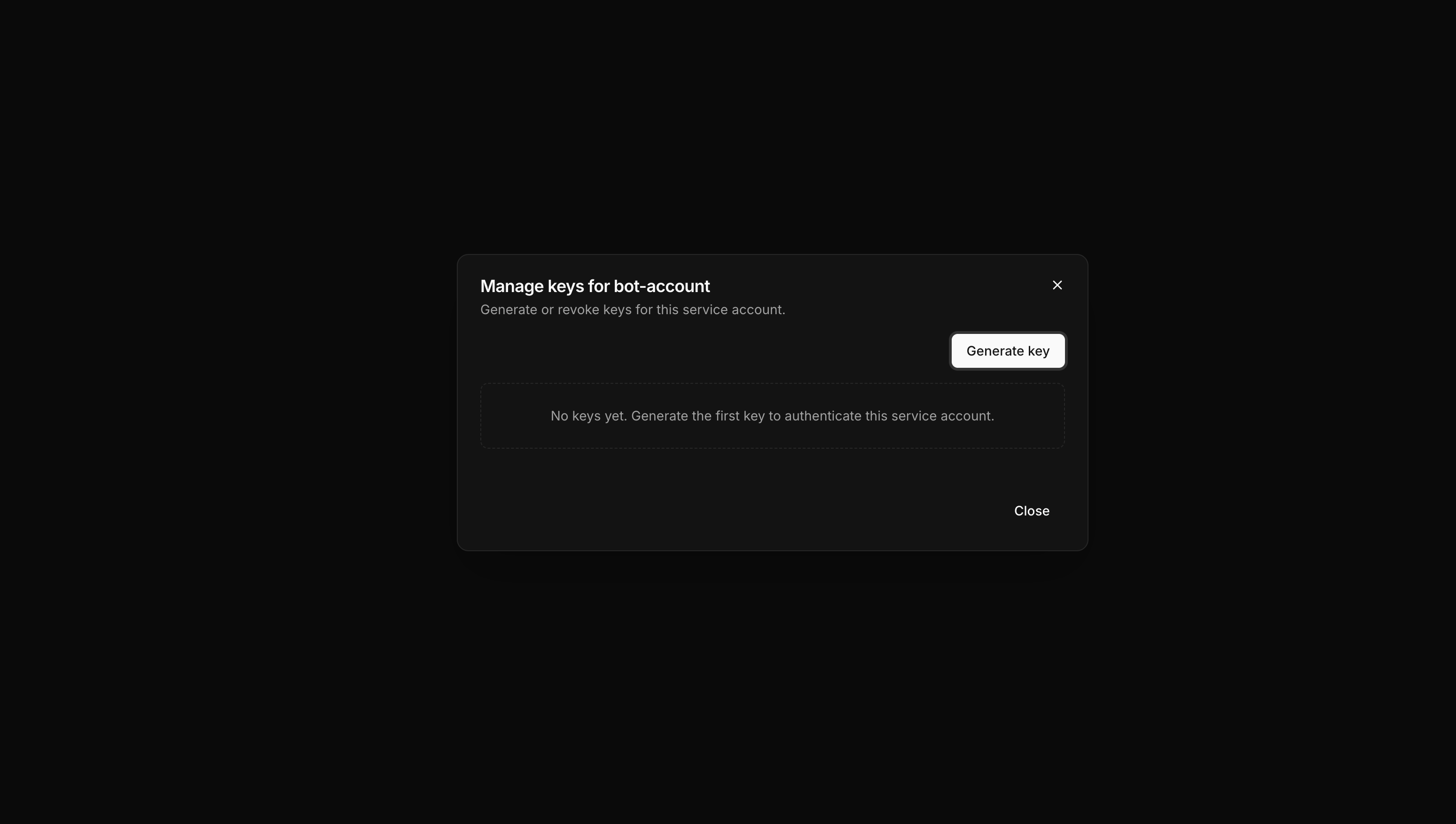 Mistrive Create Service Account Key form in dark mode