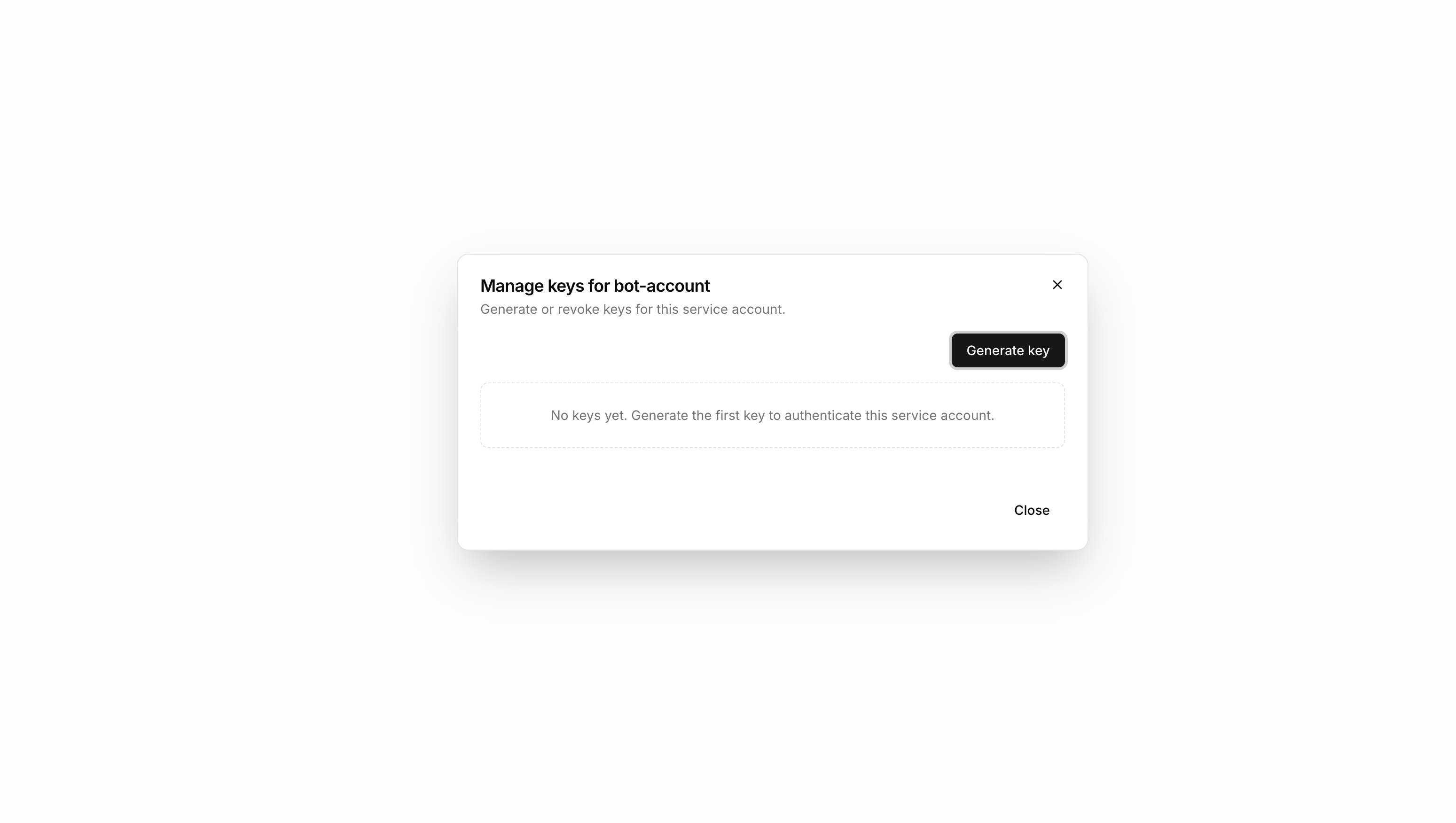 Mistrive Create Service Account Key form in light mode