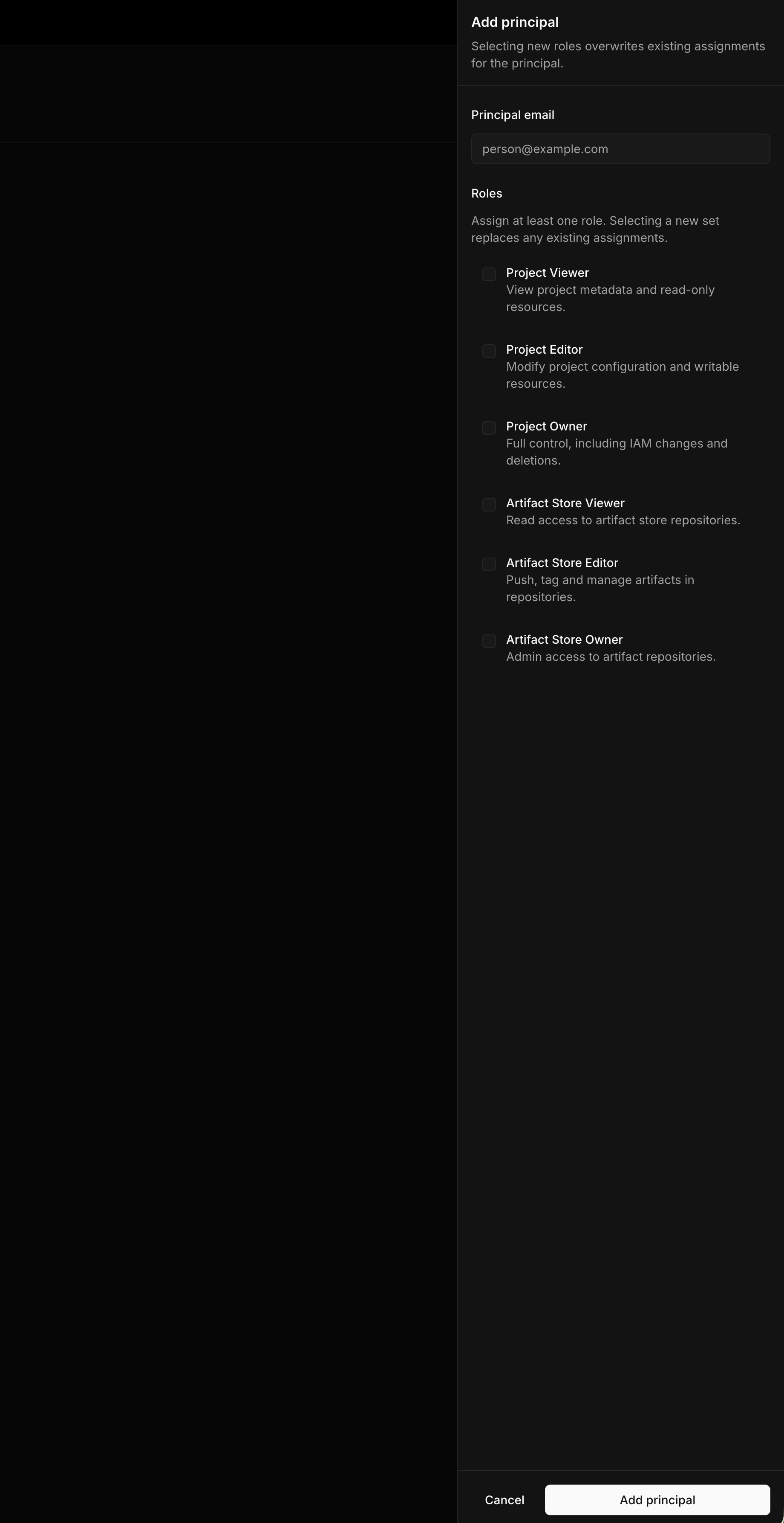Mistrive Project IAM page in dark mode
