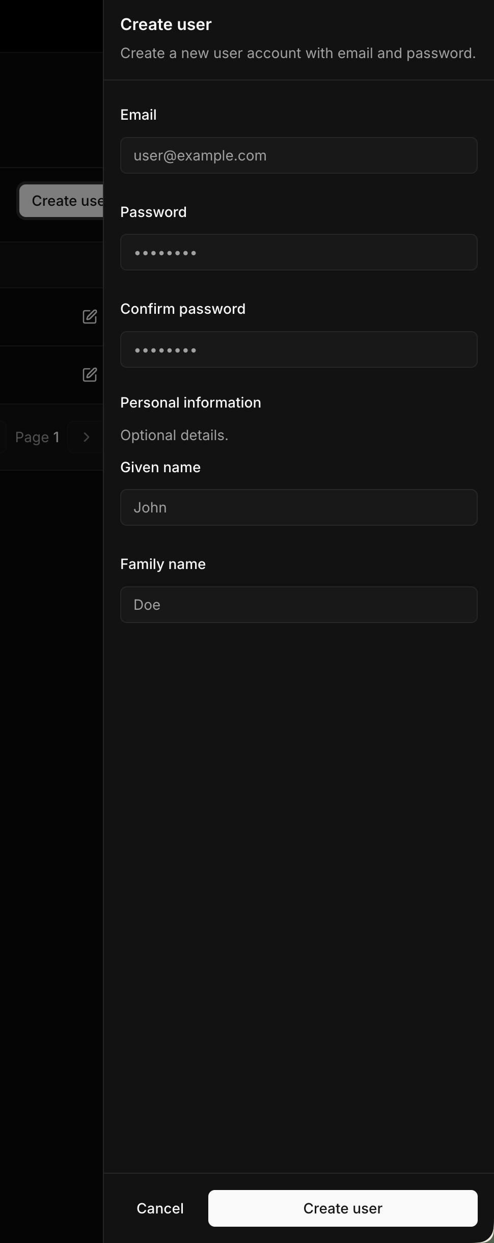 Create User form in dark mode